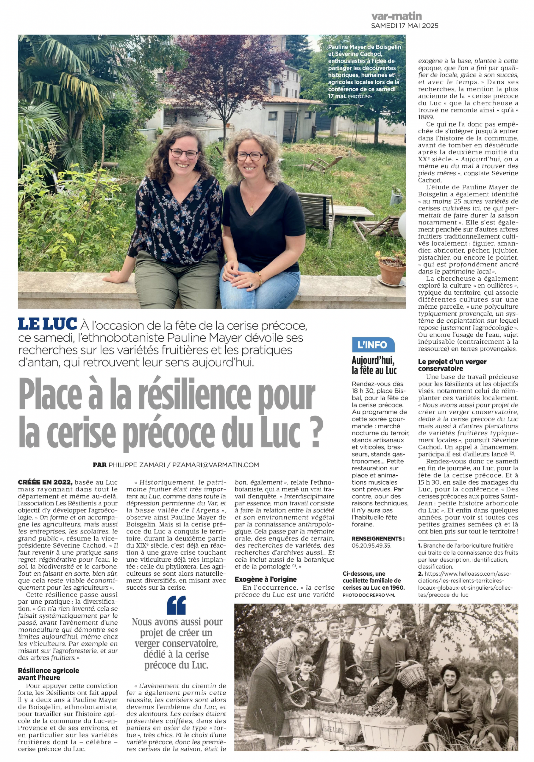 Article Var Martin du 1/05/2025 comment ces pratiques d'antan s'appliquent à la culture de la cerise précoce au Luc